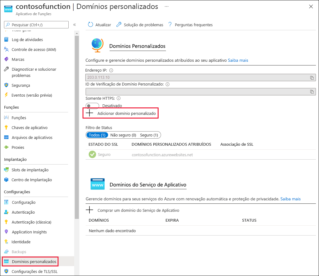 Captura de tela do botão adicionar domínio personalizado para o aplicativo de função.