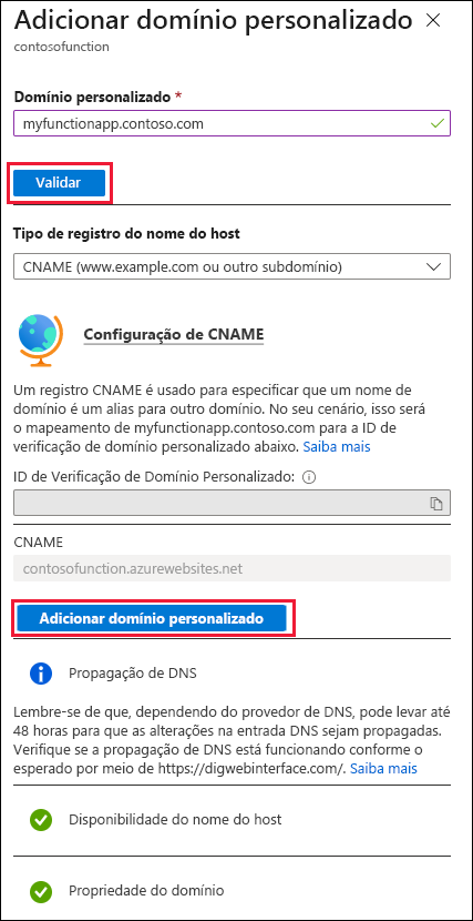 Captura de tela de adicionar página de domínio personalizada para o aplicativo de função.