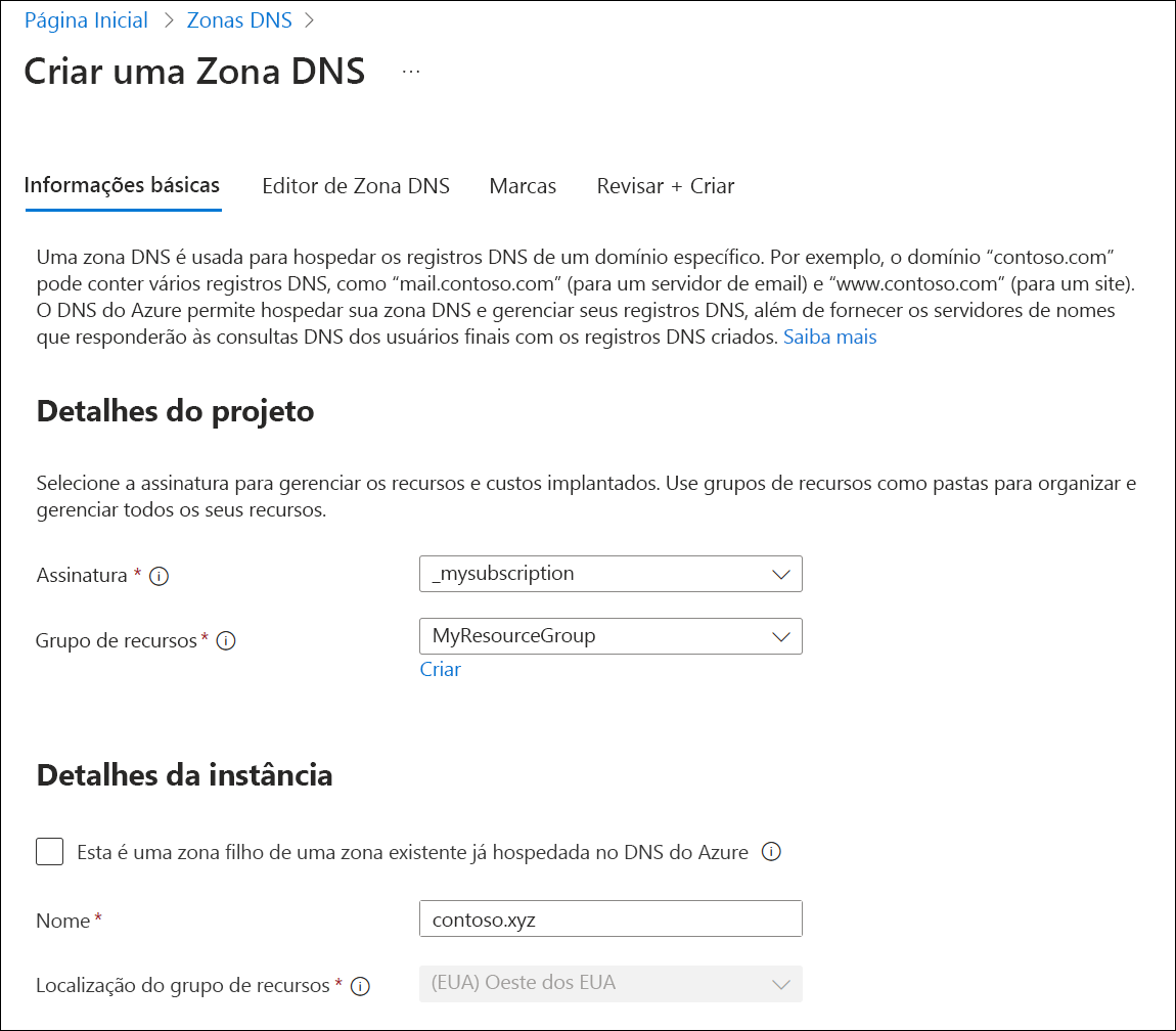 Captura de tela da página Criar zona DNS mostrando as configurações usadas neste tutorial para criar uma zona DNS pai.