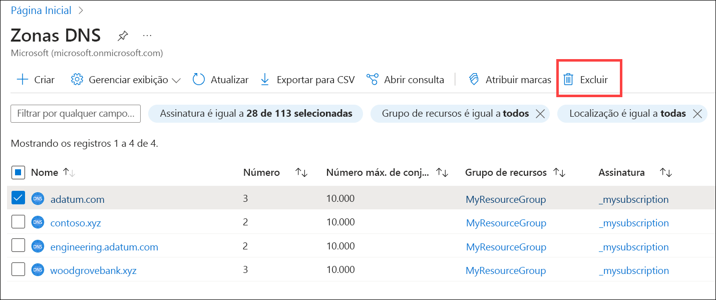 Uma captura de tela de como excluir uma zona DNS.