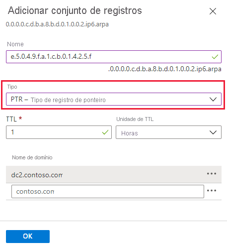 Captura de tela da criação de registro de ponteiro IPv6.