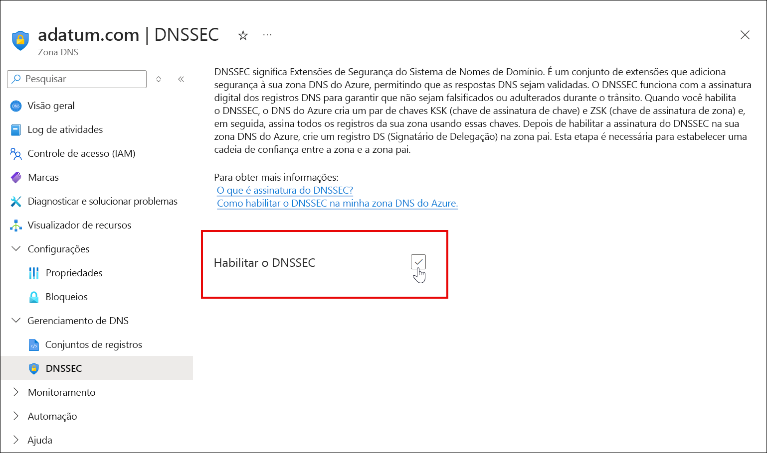 Captura de ecrã a mostrar a seleção da caixa de verificação DNSSEC.