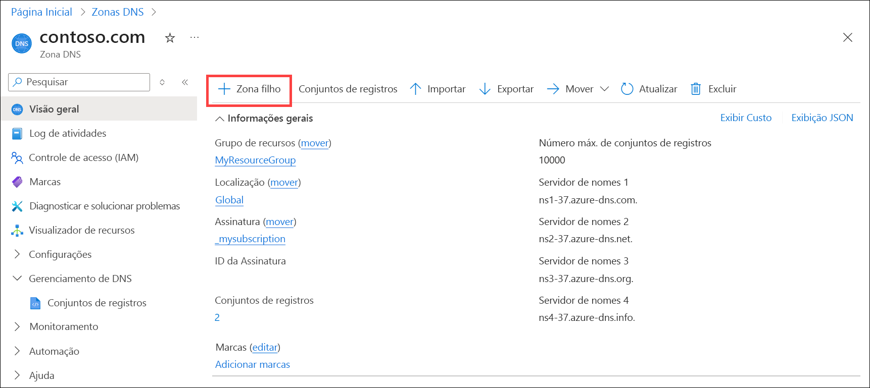 Captura de ecrã da zona DNS do Azure a mostrar o botão Adicionar zona subordinada.