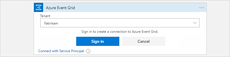 Captura de tela que mostra o designer de fluxo de trabalho com o prompt de entrada do Azure para se conectar à Grade de Eventos do Azure.