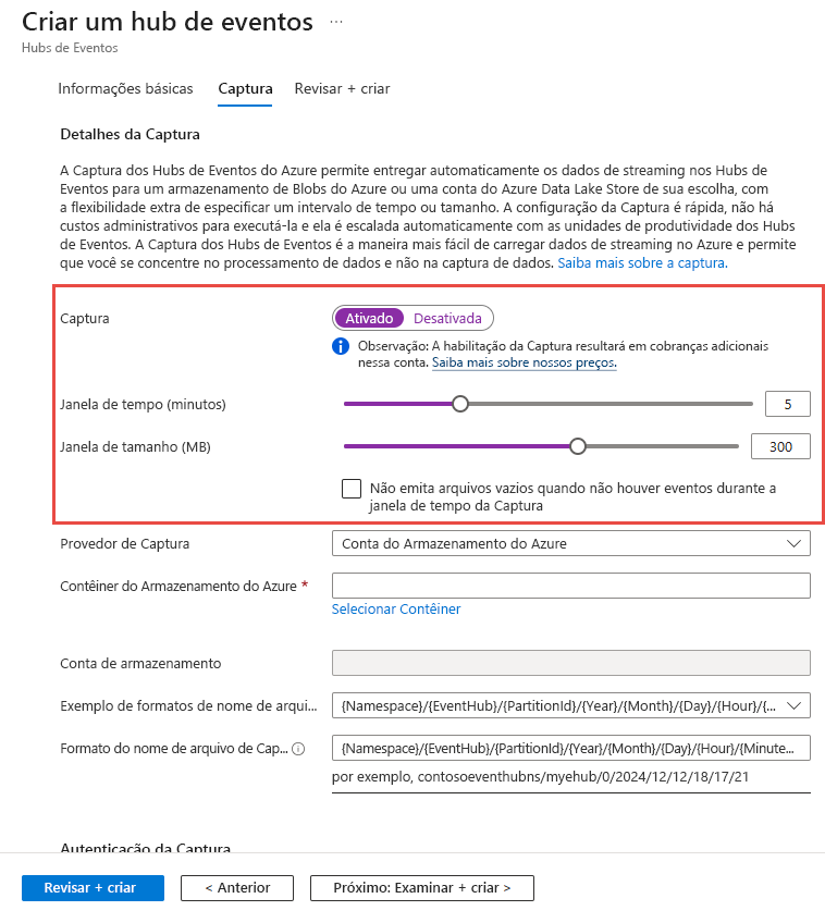 Captura de ecrã do separador Capturar da página Criar hub de eventos com definições básicas.