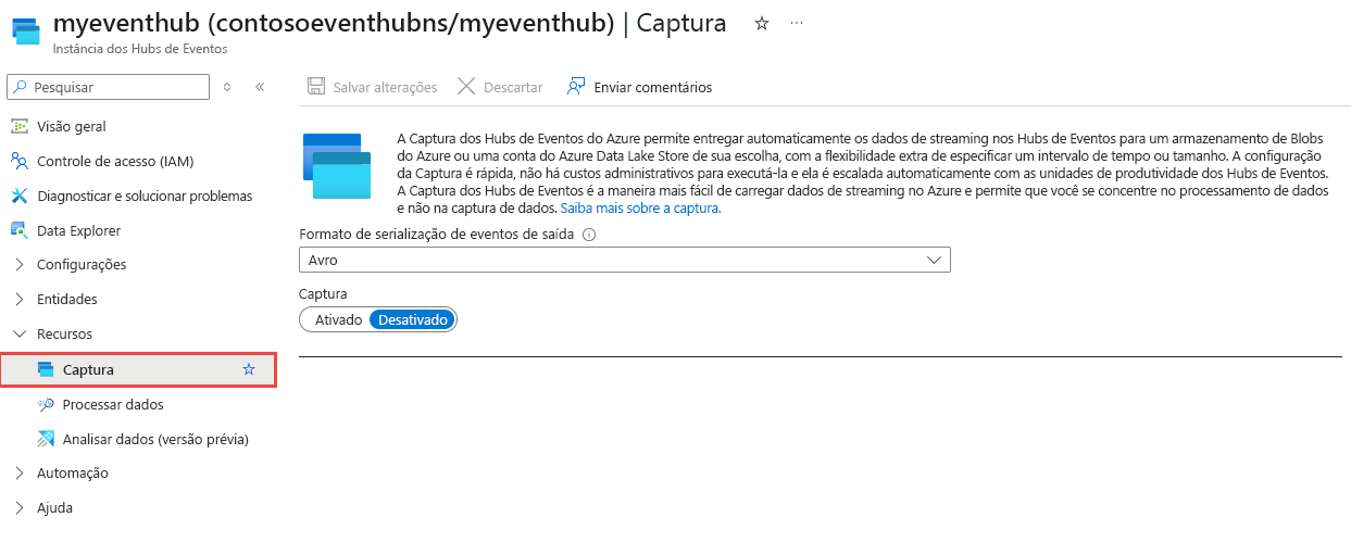 Captura de ecrã a mostrar a página Capturar do seu hub de eventos.