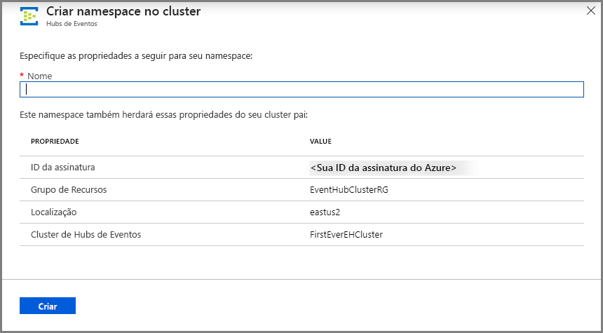 Imagem mostrando o namespace Create na página do cluster.