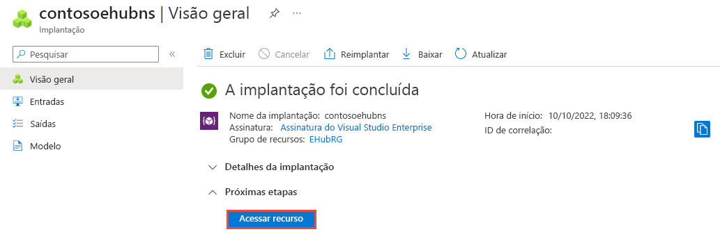 Captura de tela da página Implantação concluída com o link para o recurso.