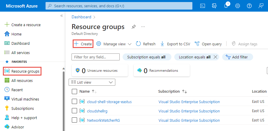 Captura de ecrã a mostrar a página Grupos de recursos com a seleção do botão Criar.