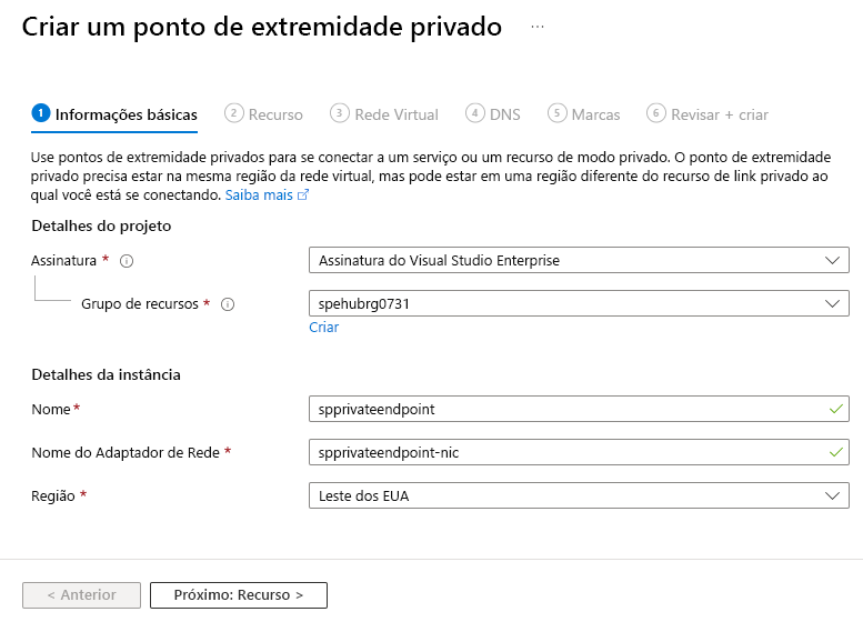 Captura de tela mostrando a página Noções básicas do assistente Criar ponto de extremidade privado.