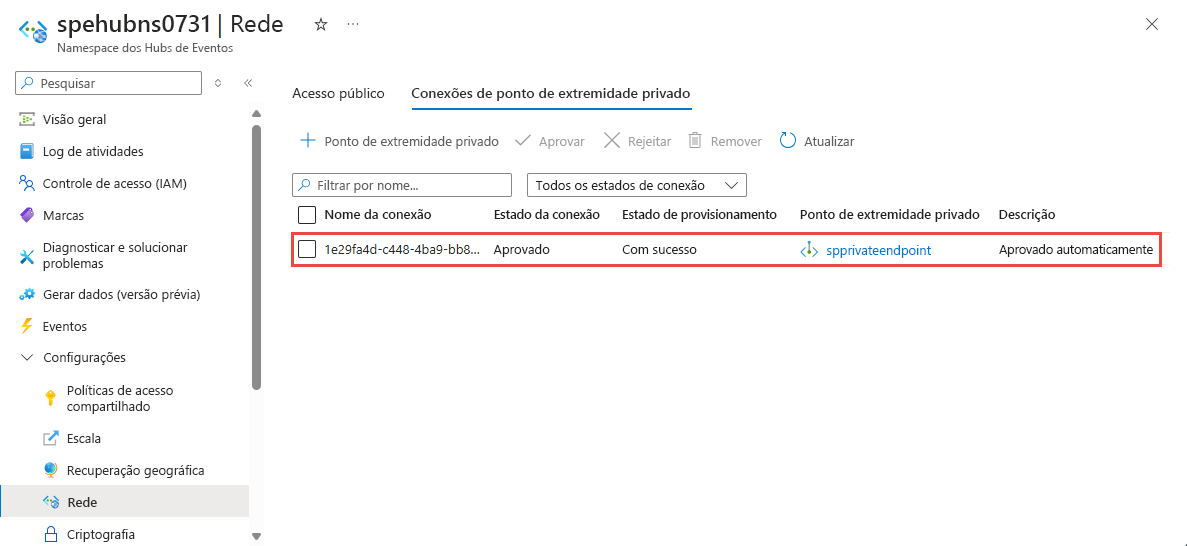 Captura de tela que mostra a página Conexões de ponto de extremidade privado com o ponto de extremidade privado recém-criado.