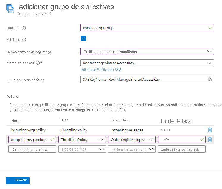 Captura de ecrã da página Adicionar grupo de aplicações com duas políticas.