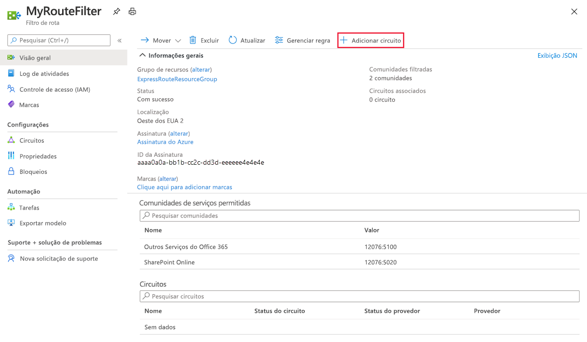 Captura de tela que mostra a página Visão geral com a ação Adicionar circuito selecionada.