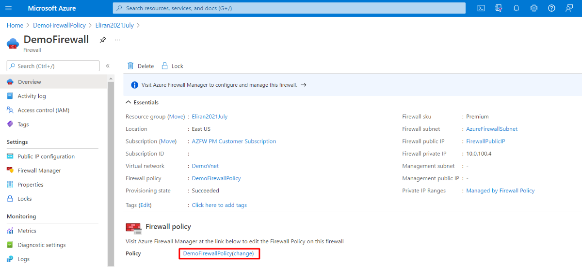 Captura de ecrã a mostrar a política de firewall