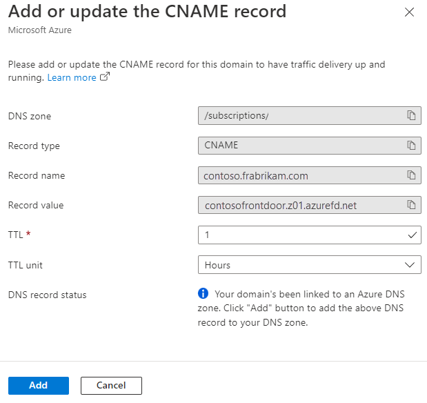 Captura de ecrã do painel Adicionar ou atualizar o registo CNAME.