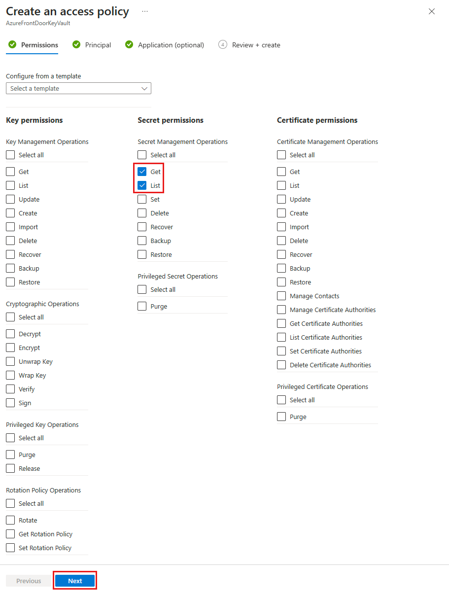 Captura de ecrã do separador permissões para a política de acesso ao Cofre da Chave.