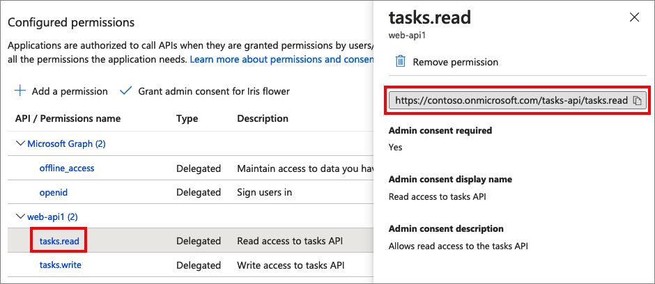 Captura de tela do painel de permissões configurado, mostrando que as permissões de acesso de leitura são concedidas.