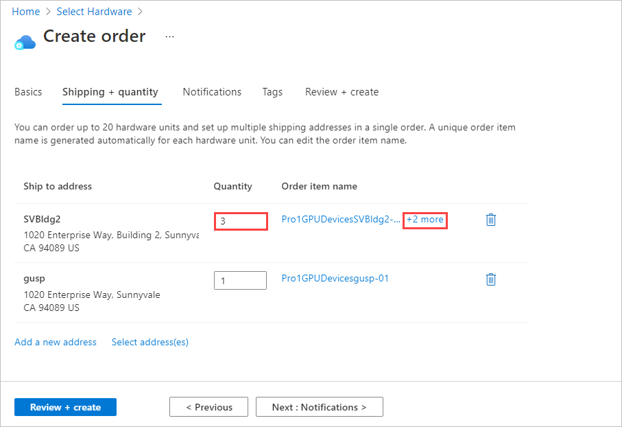 Captura de ecrã a mostrar o separador Envio + quantidade com uma Quantidade de mais do que um para uma morada