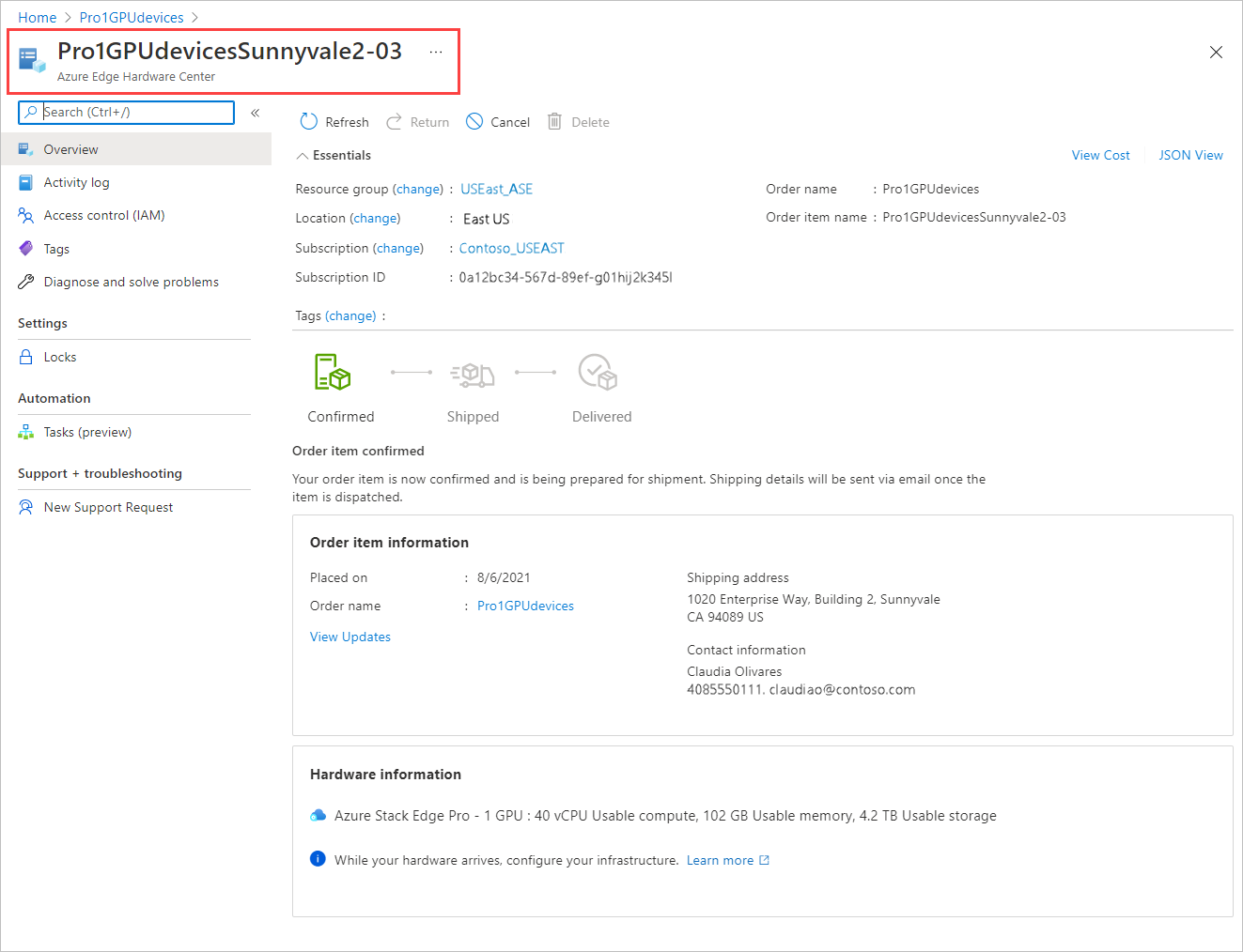 Captura de tela mostrando detalhes do recurso para um recurso selecionado em uma ordem do Centro de Hardware de Borda do Azure. O nome do recurso é realçado.