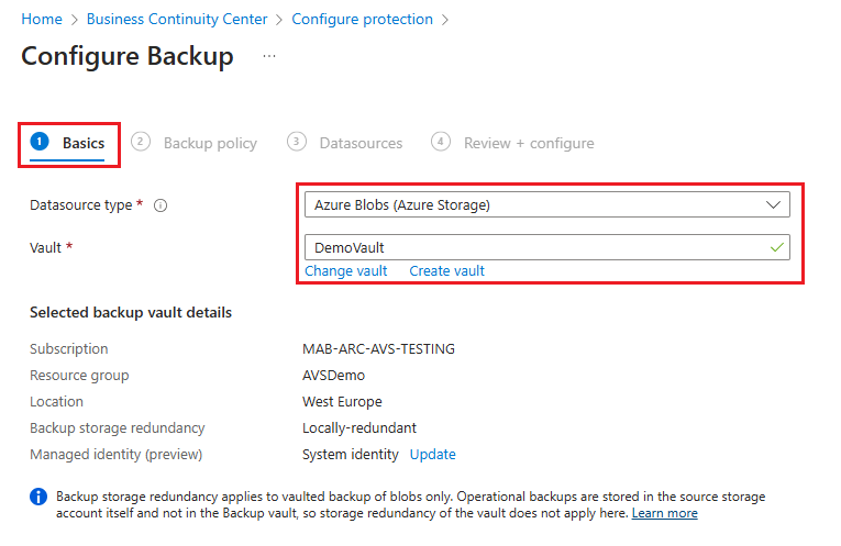 A captura de tela mostra como selecionar o tipo de fonte de dados para iniciar o backup de blob em cofre.