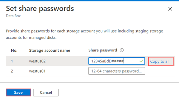 Captura de ecrã do ecrã Definir palavras-passe de partilha para uma ordem Data Box. O link Copiar para todos e o botão Salvar são realçados.