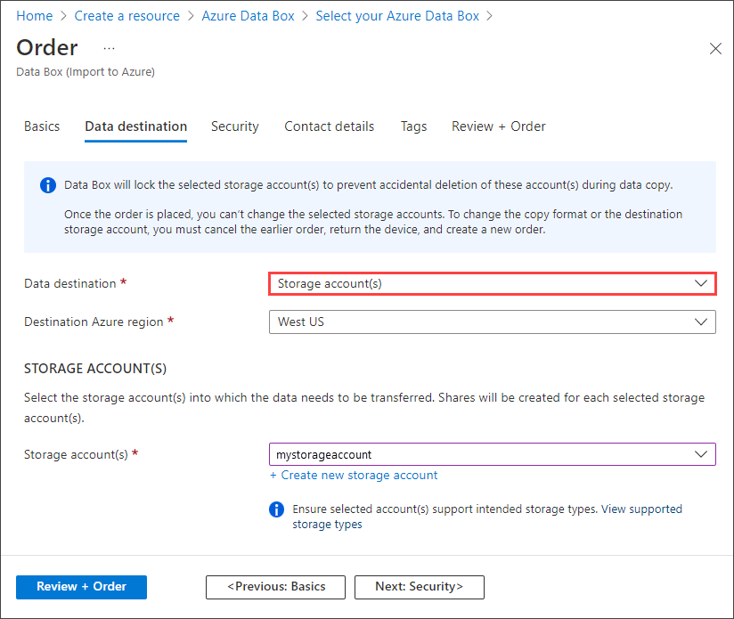 Captura de ecrã do separador Destino dos Dados para uma encomenda do Data Box com um destino de Contas de Armazenamento. O destino de armazenamento de Contas de Armazenamento é realçado.