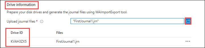 Captura de ecrã a mostrar as Informações da Unidade no separador Detalhes do Trabalho para um trabalho de Exportação de Importação do Azure. O botão Copiar e o ID da unidade de um arquivo de diário carregado são realçados.