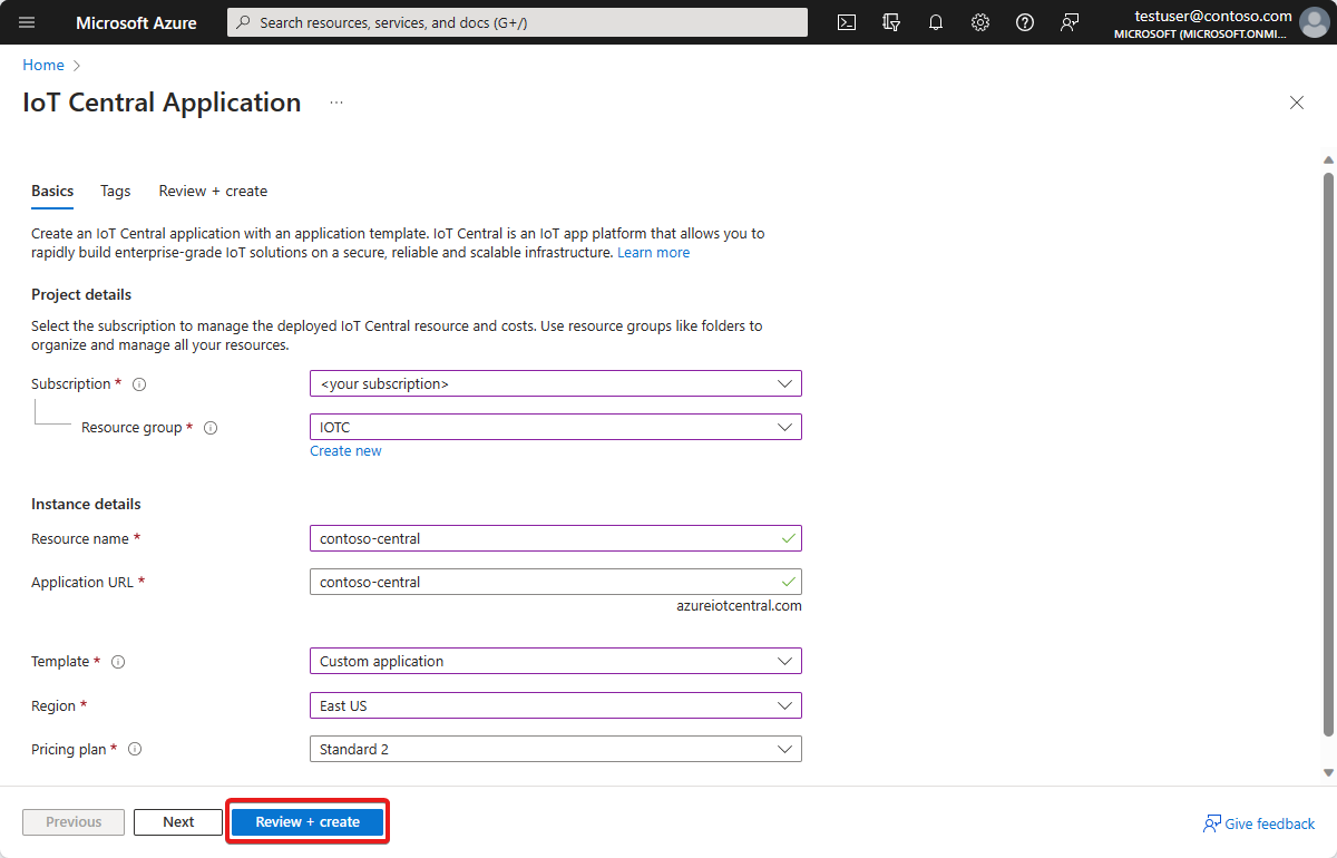 Captura de tela que mostra a experiência de criação de aplicativo no portal do Azure.