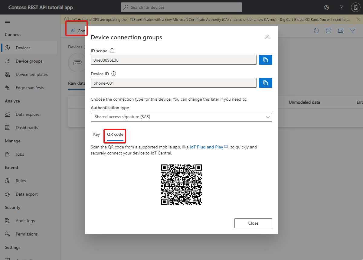 Captura de ecrã que mostra o código QR que utiliza para ligar o dispositivo.