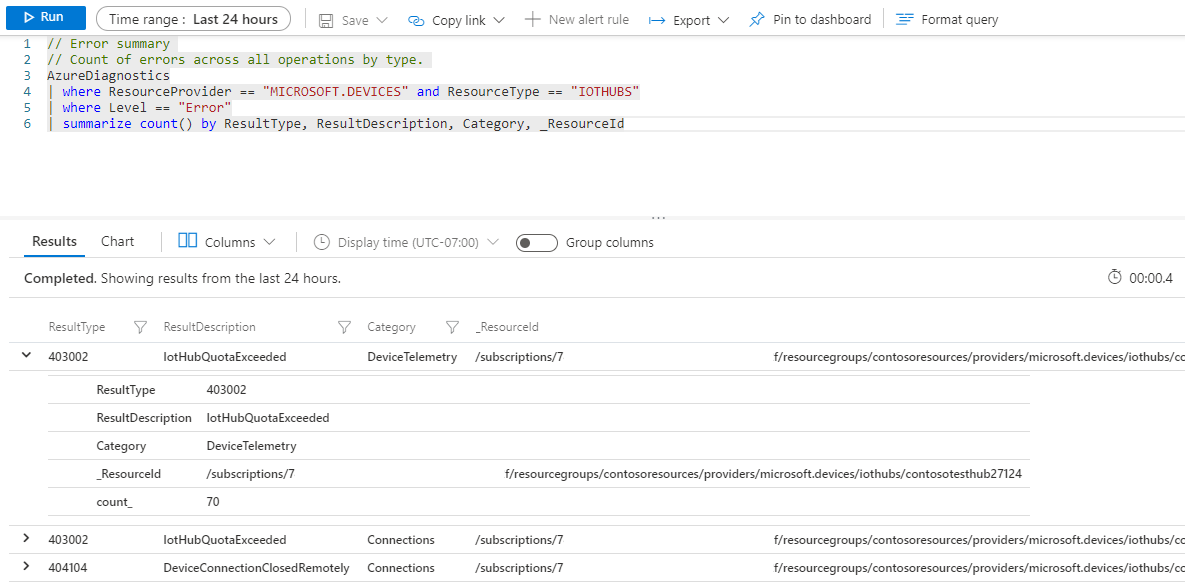 Captura de tela dos logs retornados pela consulta Resumo de erros.