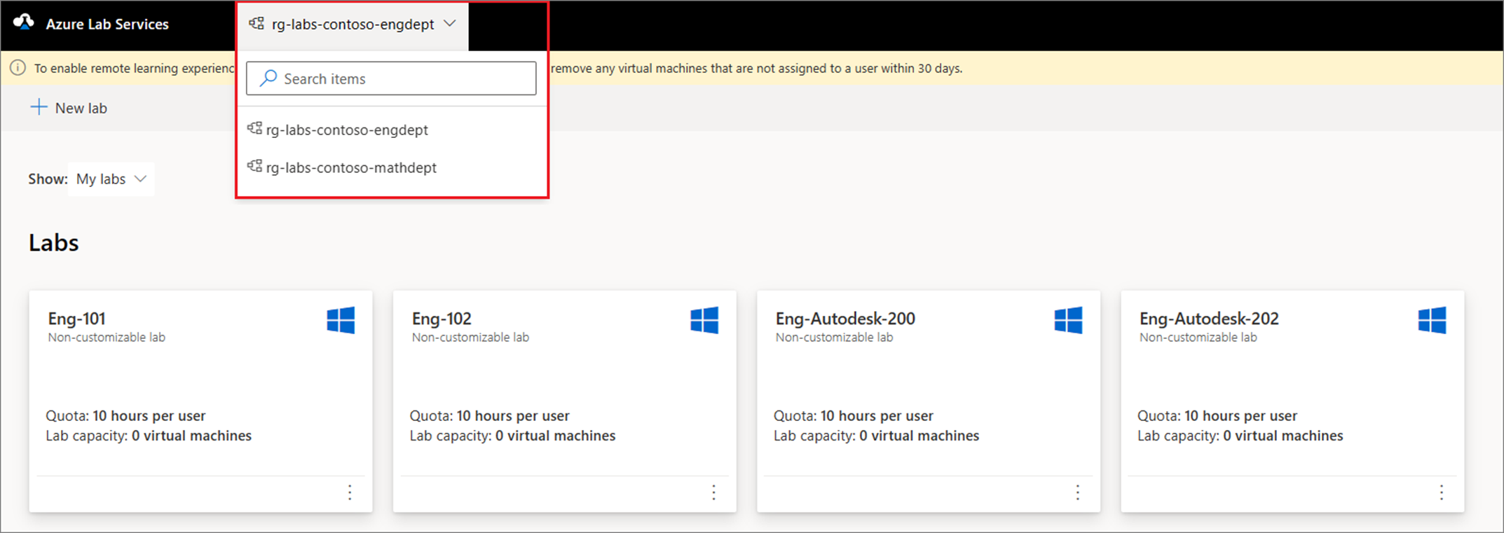 Captura de ecrã que mostra como escolher entre grupos de recursos no Web site dos Serviços de Laboratório do Azure.