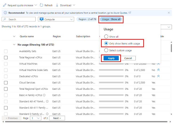 Captura de ecrã a mostrar a página Utilização e quotas, com a lista pendente Utilização e Mostrar apenas itens com a opção de utilização realçada.