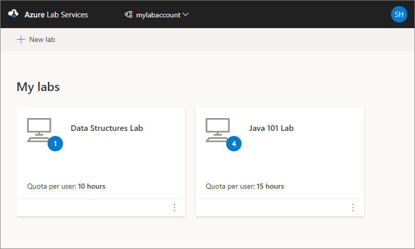 Captura de ecrã que mostra o Web site dos Serviços de Laboratório do Azure, mostrando a página Os meus laboratórios.