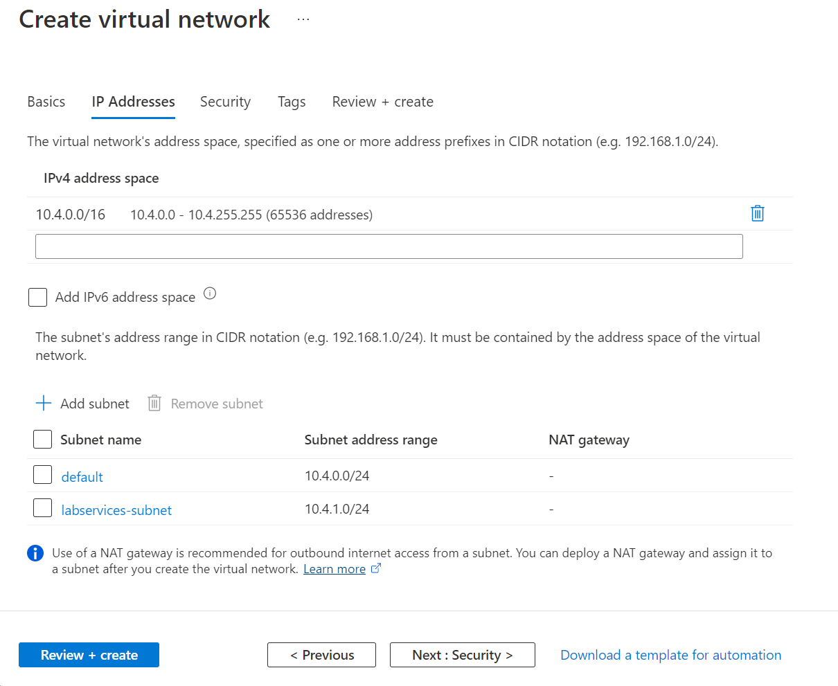 Captura de ecrã do separador Endereços IP da página Criar rede virtual no portal do Azure.