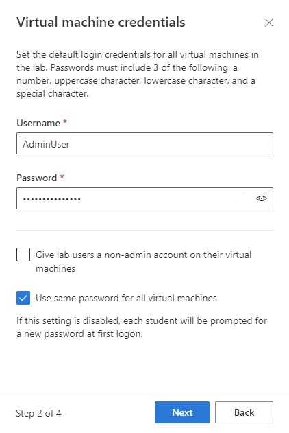 Captura de ecrã que mostra a janela Credenciais da máquina virtual ao criar um novo laboratório do Azure Lab Services.