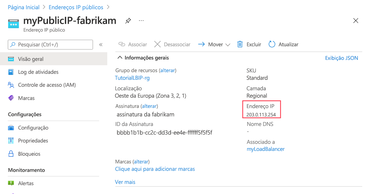 Captura de ecrã do endereço IP público myPublicIP-contoso.
