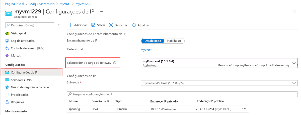 Captura de tela da configuração de IP nic.