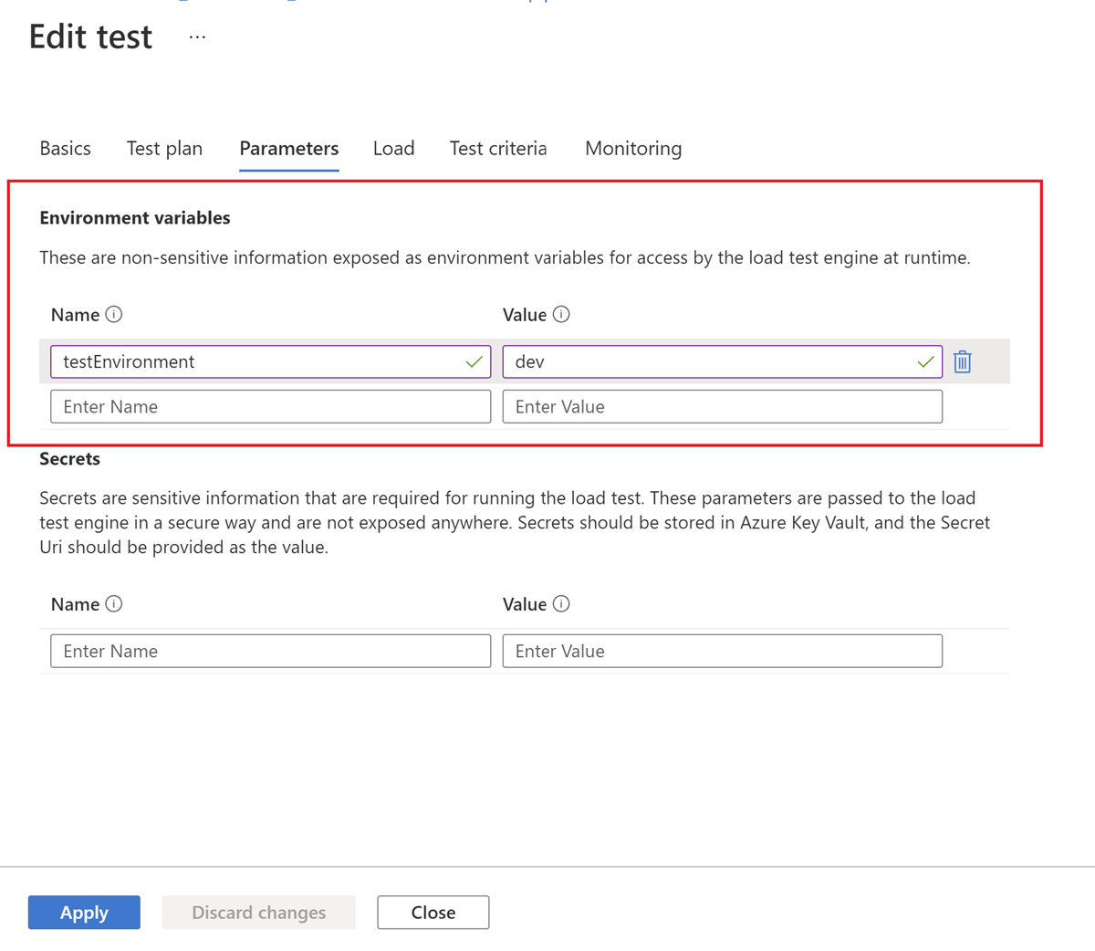 Captura de tela que mostra como adicionar uma variável de ambiente a um teste de carga no portal do Azure.