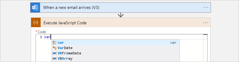 Captura de tela mostrando o fluxo de trabalho Consumo, a ação Executar código JavaScript e a lista de preenchimento automático de palavras-chave.