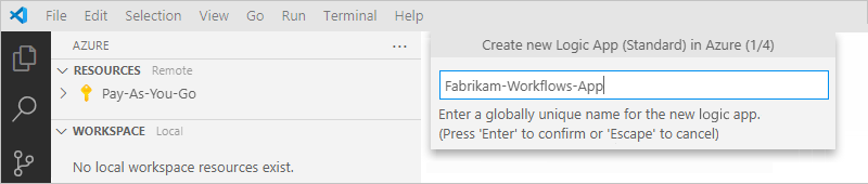 A captura de tela mostra o prompt para fornecer um nome para o novo aplicativo lógico a ser criado.