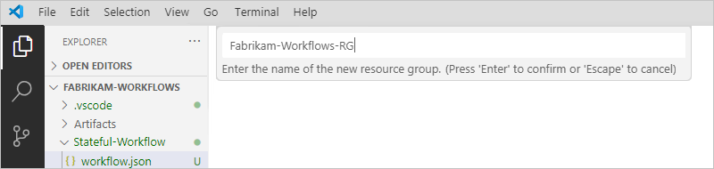 A captura de tela mostra o painel Explorer e a caixa de nome do grupo de recursos.