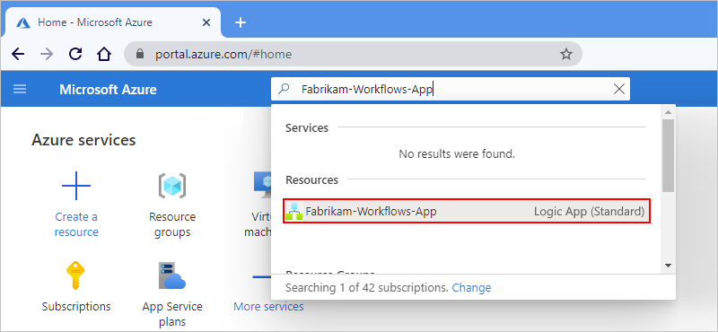 A captura de tela mostra o portal do Azure e a barra de pesquisa com os resultados da pesquisa para o aplicativo lógico implantado, que aparece selecionado.