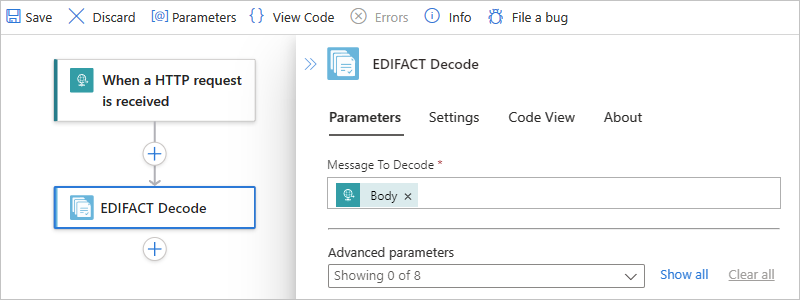 A captura de tela mostra o fluxo de trabalho padrão, a ação chamada EDIFACT Decode e as propriedades de decodificação de mensagens.