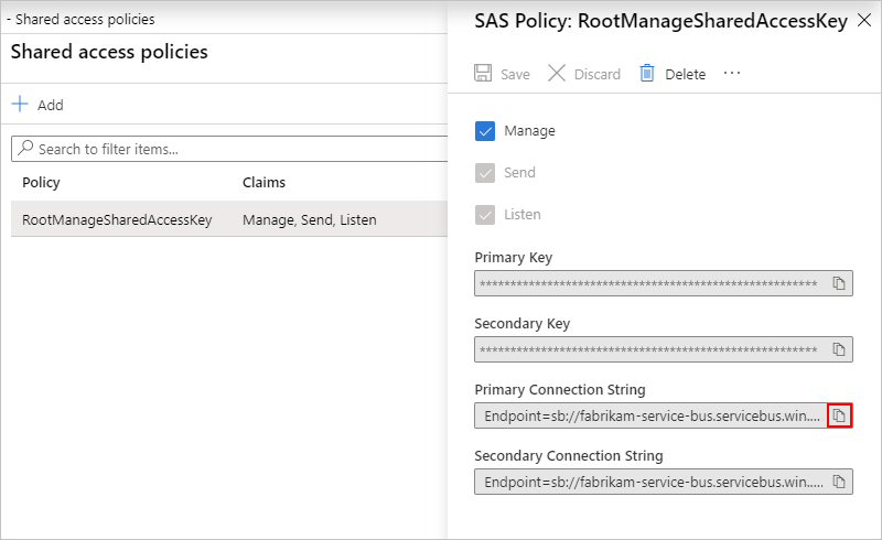 Copiar cadeia de conexão de namespace do Service Bus