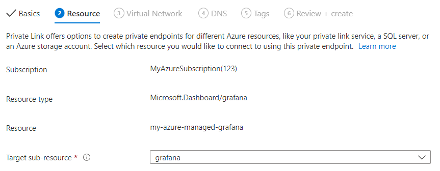 Captura de ecrã do portal do Azure a preencher o separador Recurso.