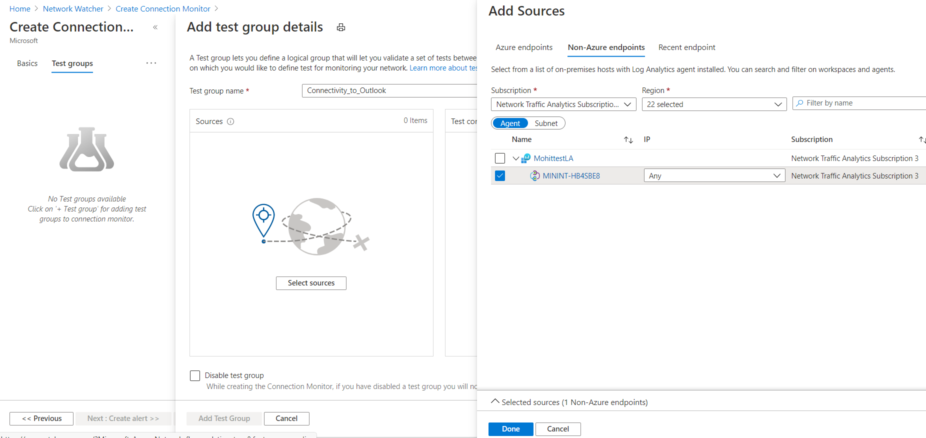 Captura de ecrã que mostra o painel 'Adicionar Fontes' e o painel 'Pontos de extremidade não Azure' no Monitor de Ligação.