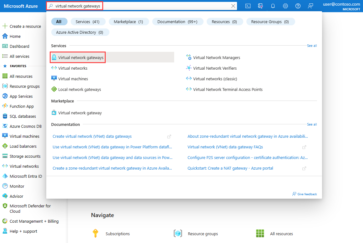 A captura de tela mostra a pesquisa de gateways de rede virtual no portal do Azure.