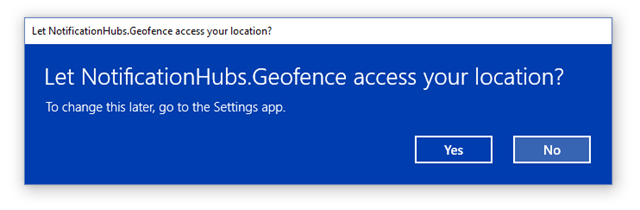 Captura de ecrã da caixa de diálogo Permitir que a cerca geográfica dos Hubs de Notificação aceda à sua localização.
