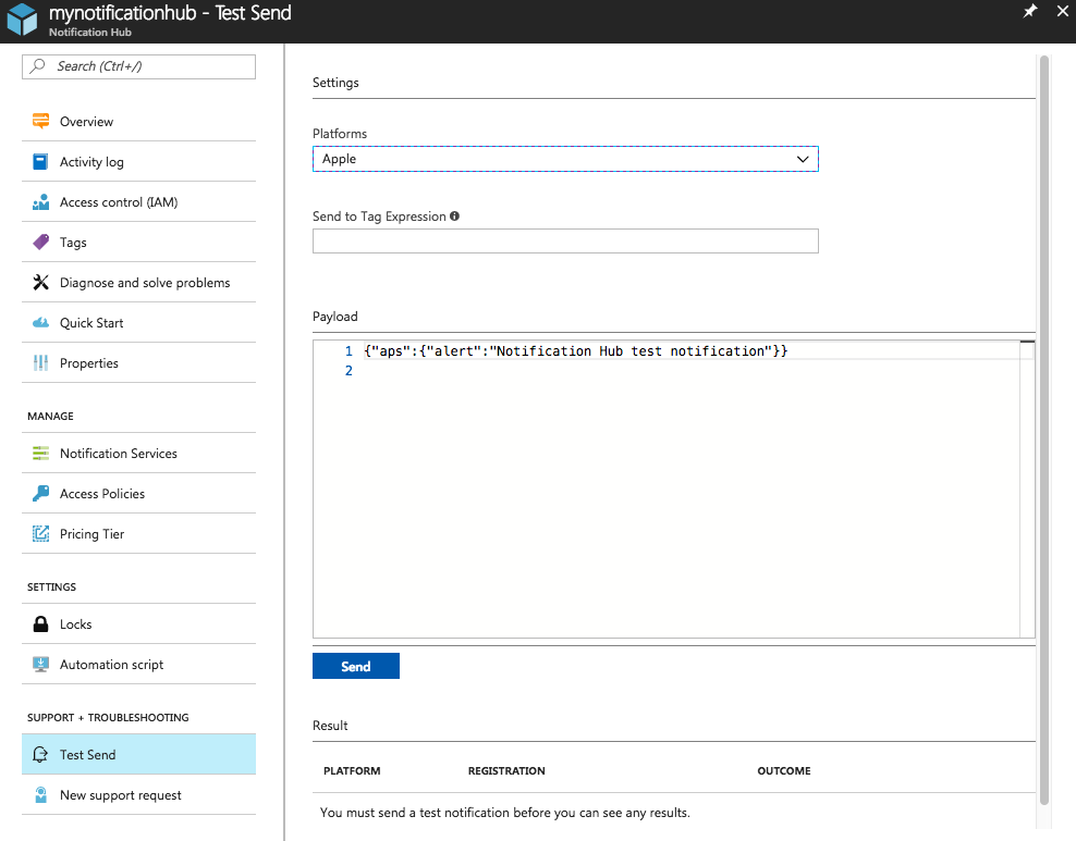 Azure portal - Test Send