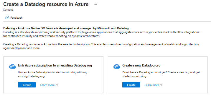 Uma captura de tela do portal do Azure com as opções Criar um Datadog no Azure exibidas.